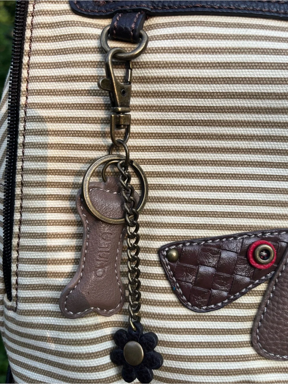 Chala Cream & Brown Striped Backpack with Dachshund Dog Applique